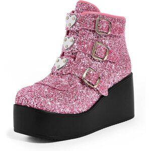 Lucky Step Women's Pink Glitter Ankle Boots Round Toe Zipper Wedges High Heel
